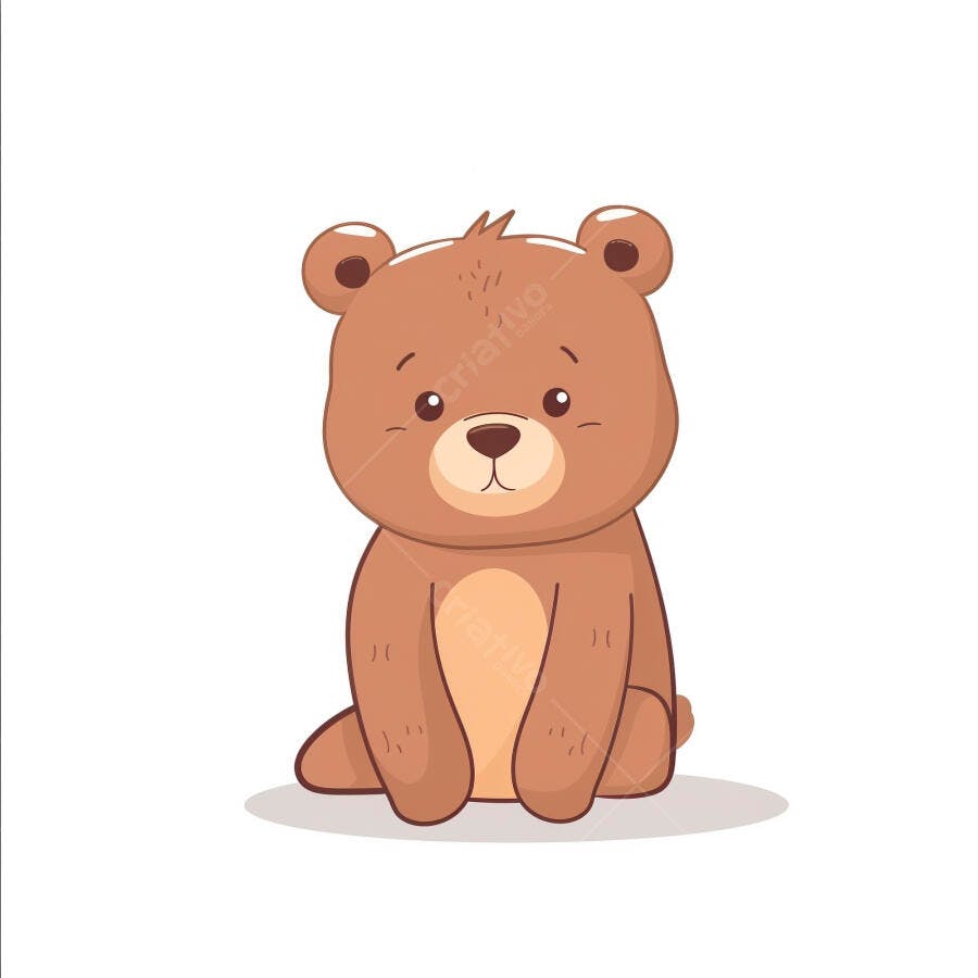 Urso de desenho fofo sentado com olhar gentil em fundo branco