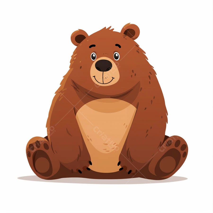 Urso desenho animado marrom sentado sorridente em fundo branco