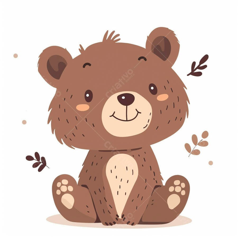 Urso de desenho marrom fofo sentado sorrindo ilustração infantil com folhas e bolinhas