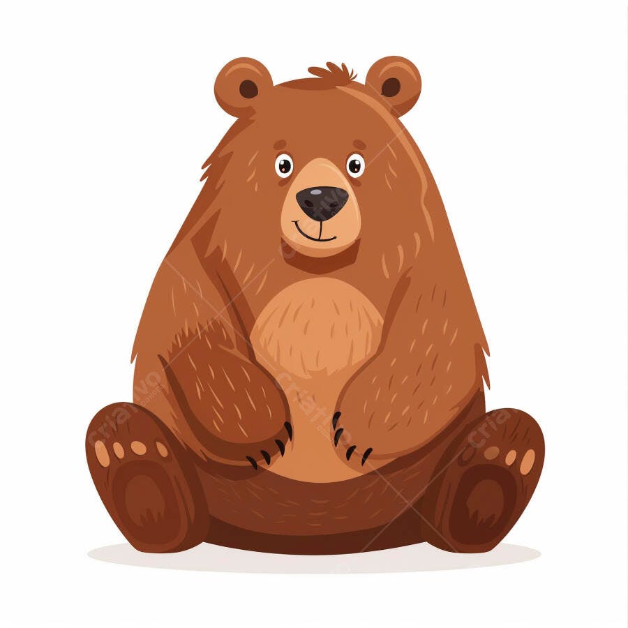 Urso marrom fofo sentado sorrindo ilustração infantil fundo branco