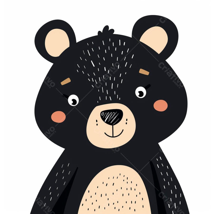 Urso cartoon preto e bege sorridente ilustração infantil com bochechas rosadas