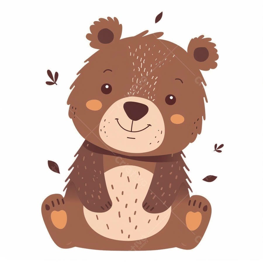 Urso filhote marrom sentado feliz ilustração infantil com folhas caindo