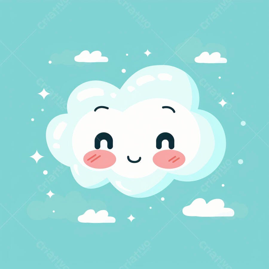 Nuvem fofa e sorridente em céu azul claro com estrelas brilhantes ilustração
