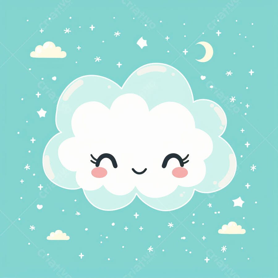Nuvem fofa e feliz em um céu azul pastel com estrelas e lua crescente ilustração