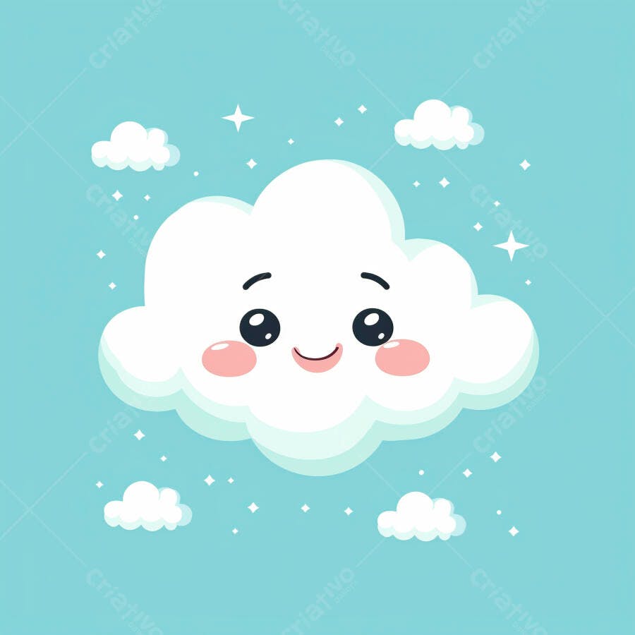 Nuvem feliz sorrindo fofa em céu azul com estrelas ilustração infantil