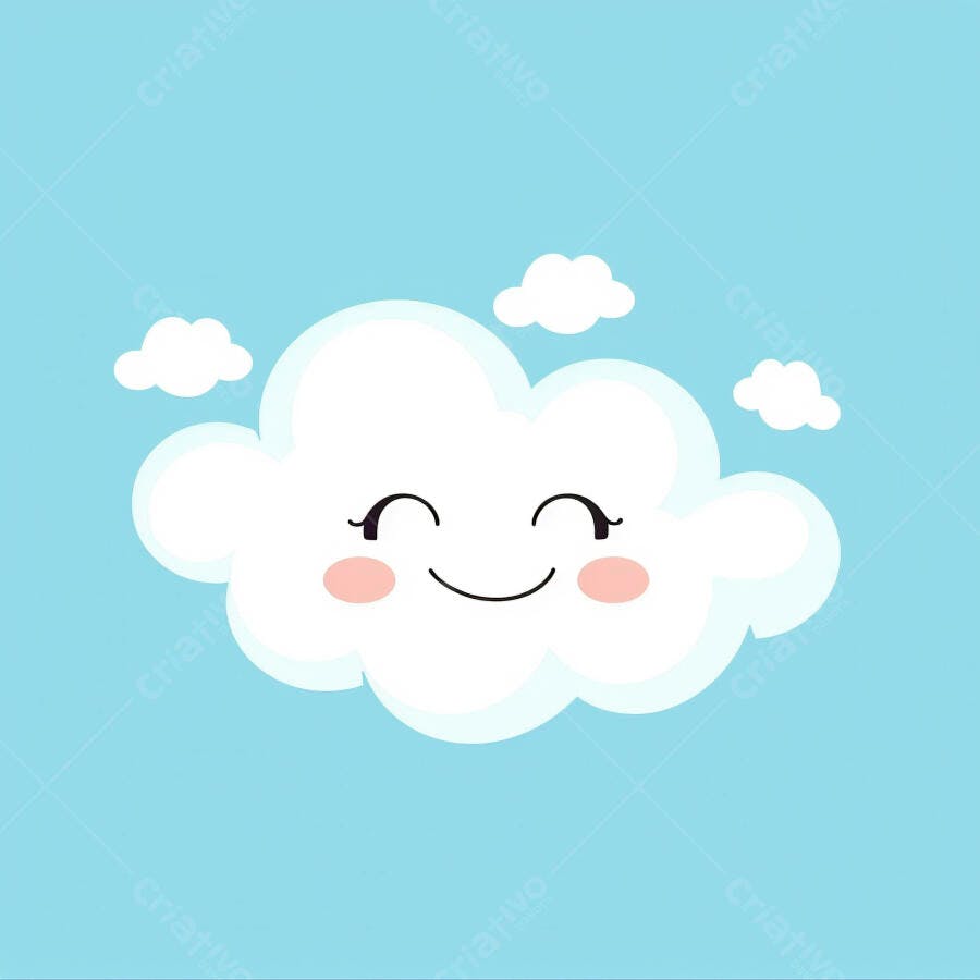 Nuvem fofa feliz sorrindo em céu azul claro com nuvens pequenas