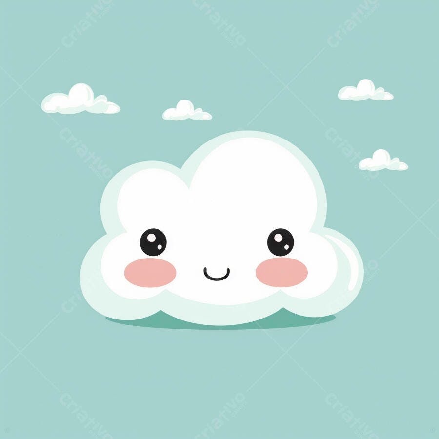 Nuvem fofa branca sorrindo com bochechas rosadas em céu azul claro com nuvens pequenas