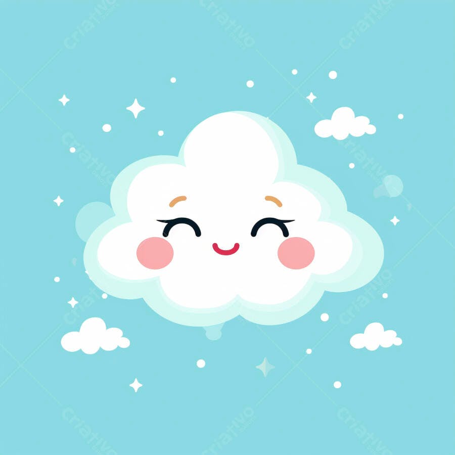 Nuvem branca kawaii sorrindo feliz no céu azul claro estrelado