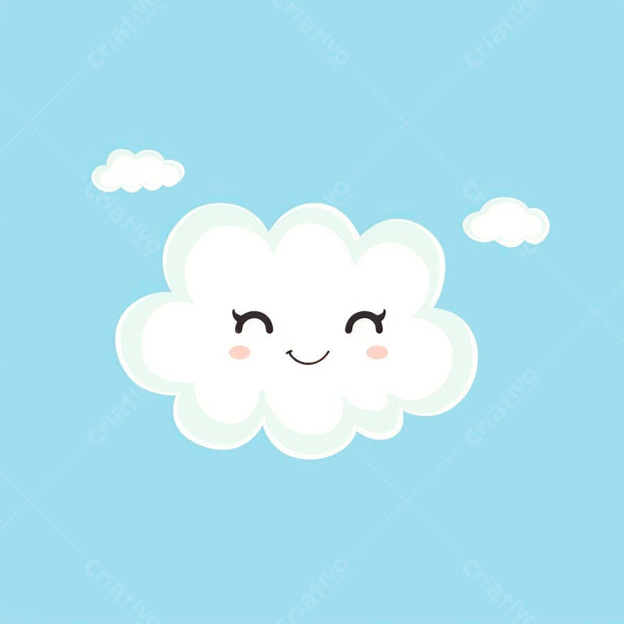 Nuvem fofa sorrindo em céu azul claro com nuvens pequenas