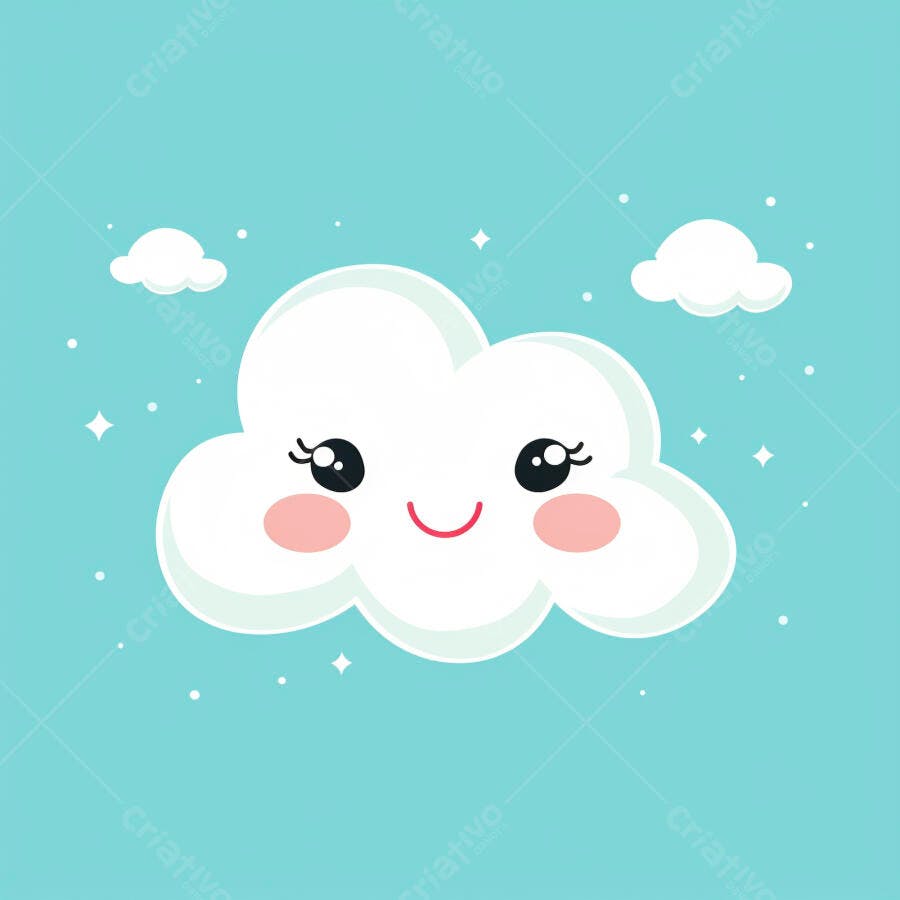 Nuvem fofa sorridente no céu azul claro com estrelas brilhantes