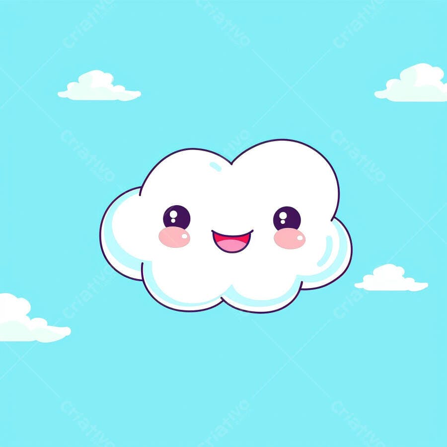 Nuvem kawaii feliz no céu azul vibrante com pequenas nuvens brancas