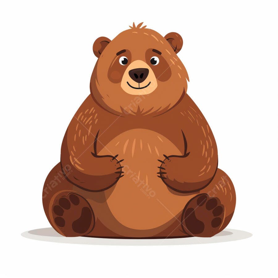 Urso marrom fofo sentado com braços na barriga ilustração infantil