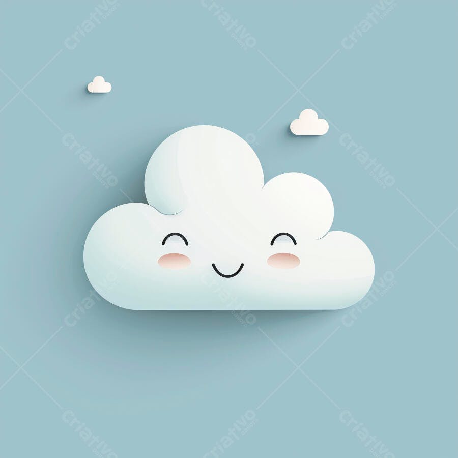 Nuvem branca sorrindo com nuvens pequenas em céu azul minimalista