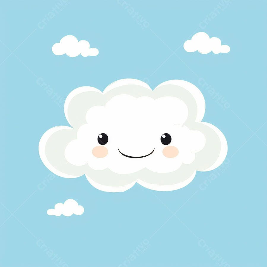 Nuvem fofa e sorridente em céu azul claro com nuvens brancas pequenas ilustração