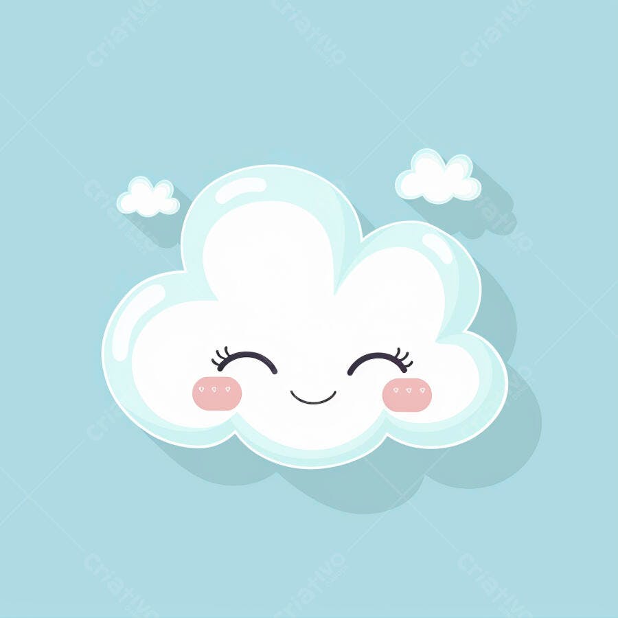 Nuvem fofa sorrindo em céu azul claro com nuvens pequenas