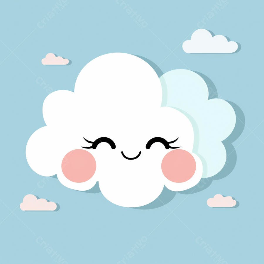 Nuvem de desenho animado feliz com bochechas rosadas em céu azul claro
