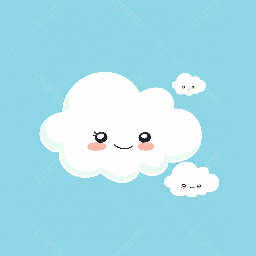 Nuvens brancas de desenho animado sorrindo no céu azul claro