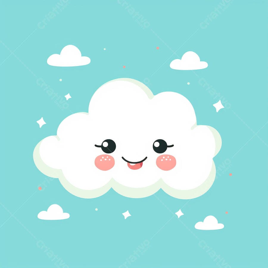 Nuvem Kawaii feliz sorrindo em céu azul claro com estrelas pequenas