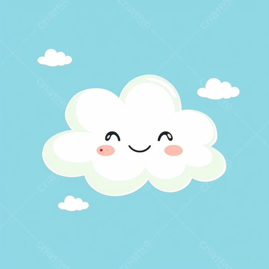 Nuvem branca de desenho animado feliz sorrindo em céu azul claro com nuvens pequenas