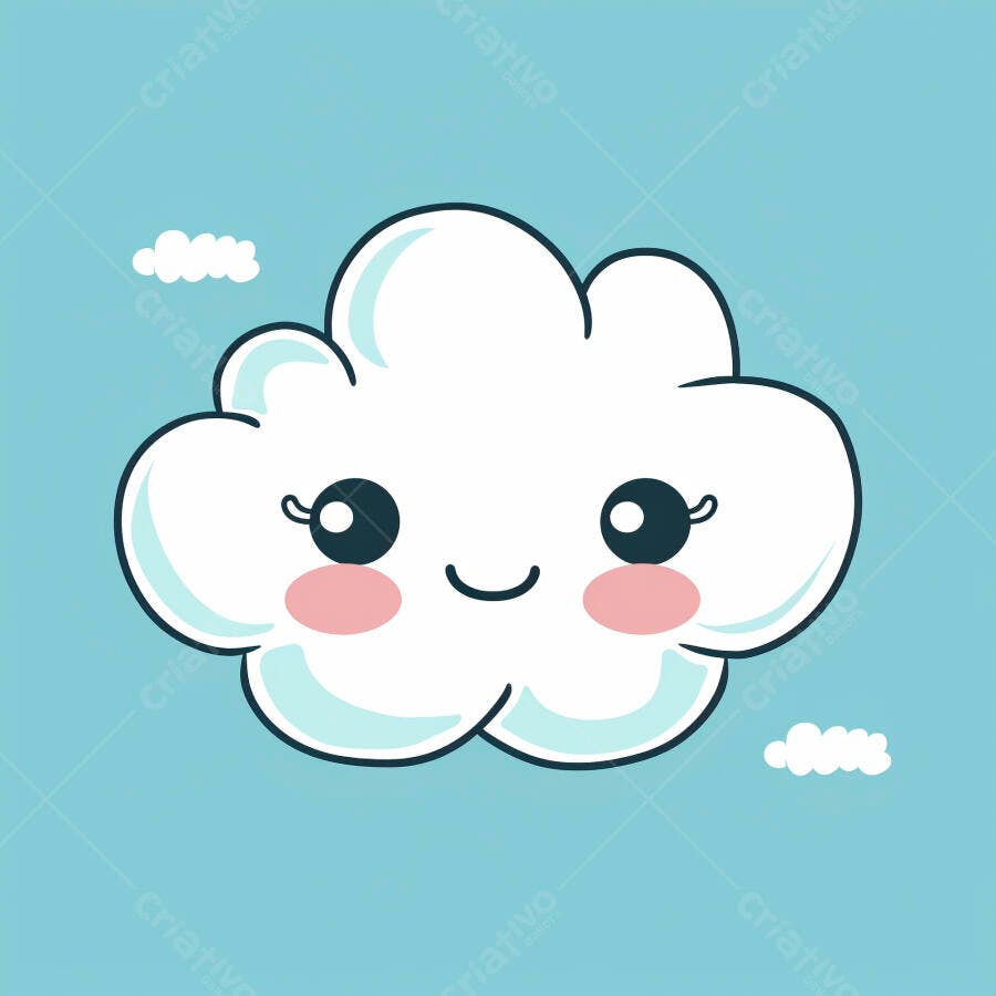Nuvem fofa branca sorrindo com bochechas rosas em céu azul claro ilustração