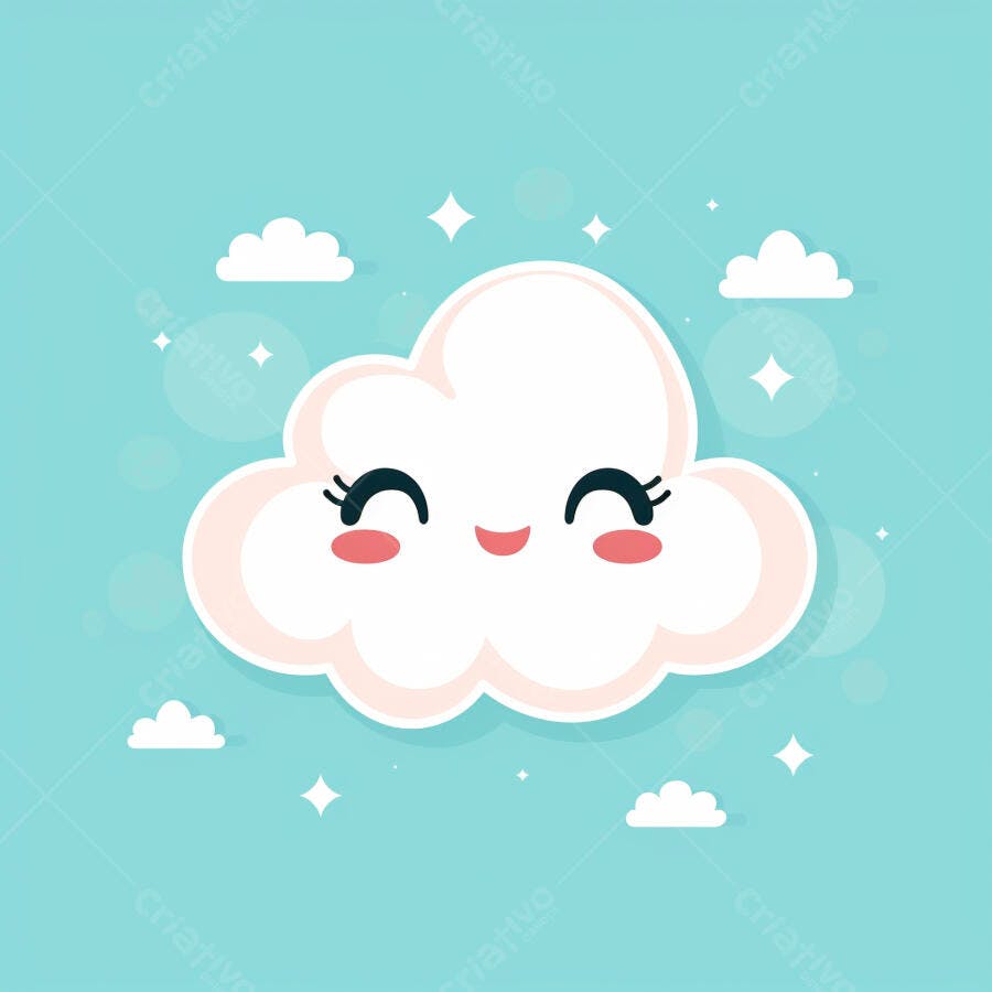 Nuvem kawaii feliz sorrindo em céu azul com estrelas brilhantes