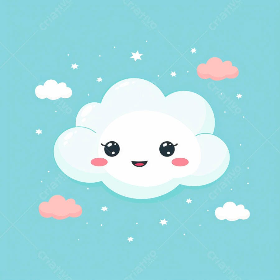 Nuvem Kawaii sorrindo em céu azul bebê com estrelas e nuvens rosas