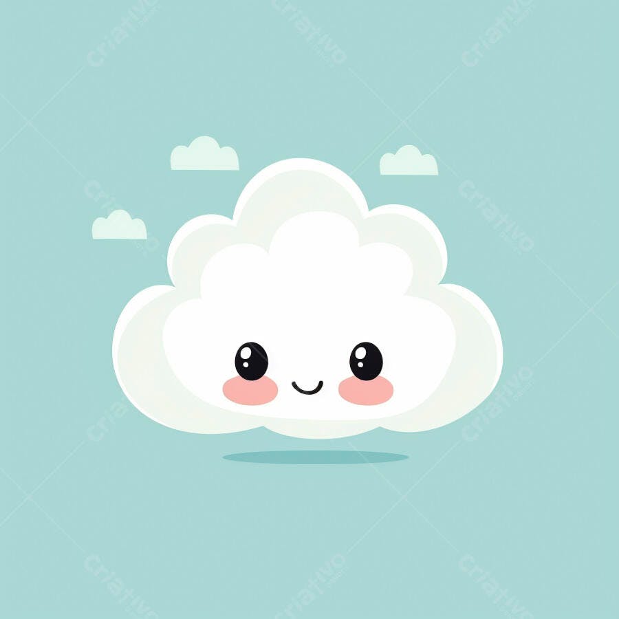 Nuvem branca kawaii sorridente em céu azul claro com nuvenzinhas
