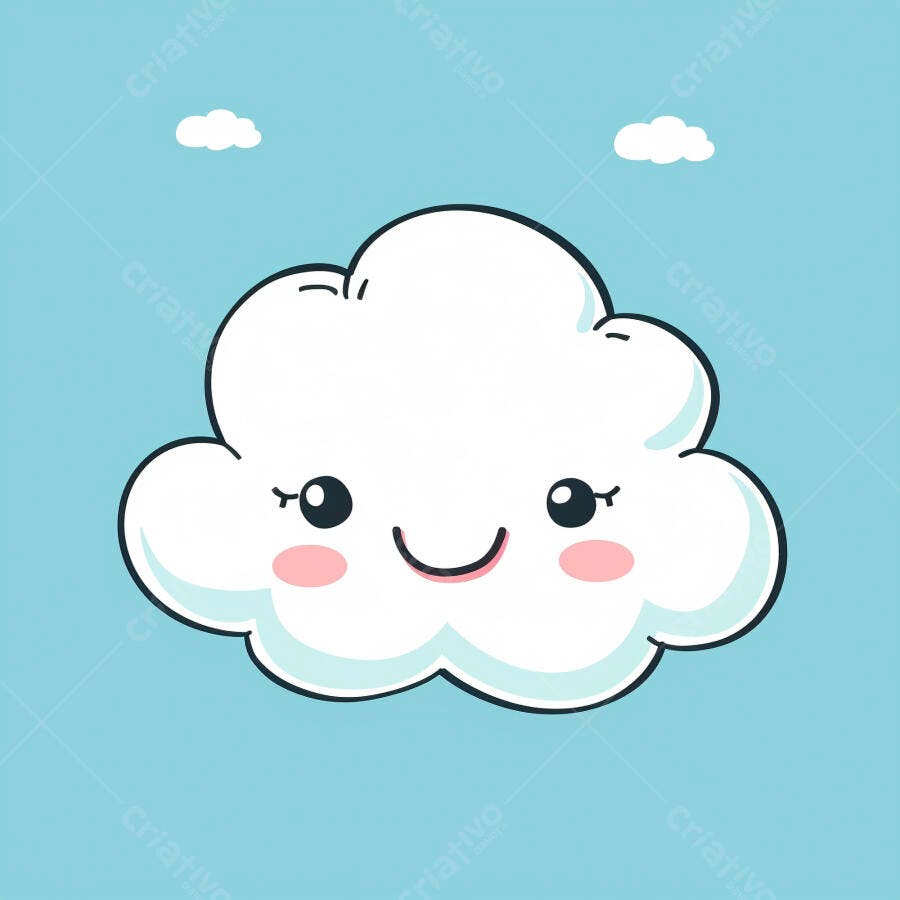 Nuvem branca sorridente fofa em céu azul claro com nuvens pequenas