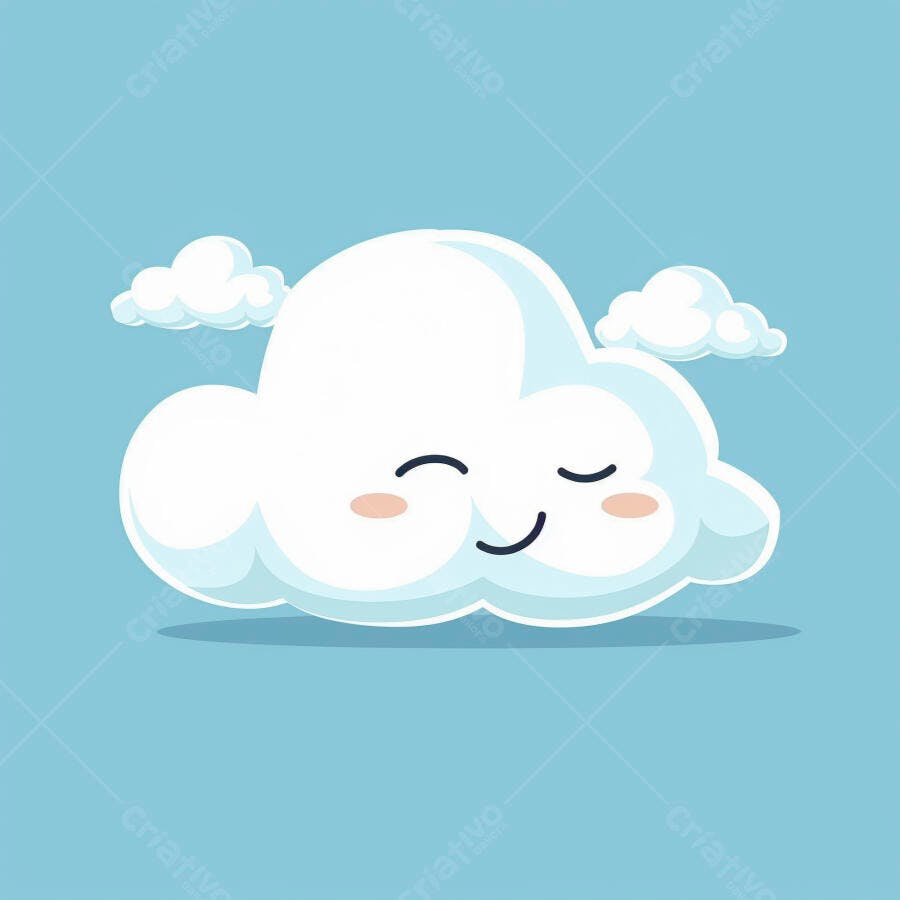 Nuvem de desenho animado branca sorrindo em céu azul claro com nuvens pequenas