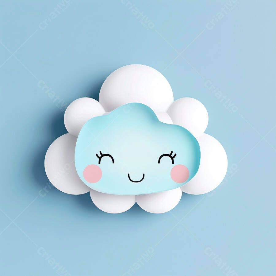 Nuvem fofa sorrindo ilustração 3D azul e branca em fundo de céu claro
