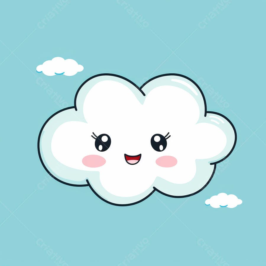 Nuvem kawaii sorrindo feliz no céu azul claro com bochechas rosadas