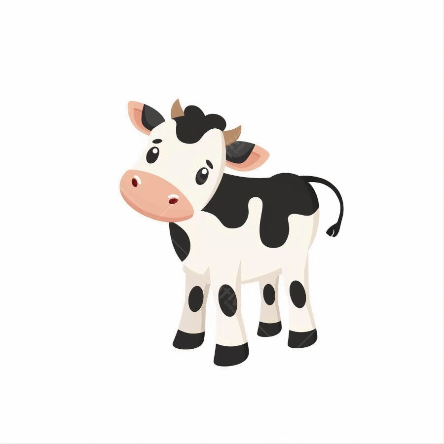 Bezerro fofo preto e branco com manchas em estilo desenho animado