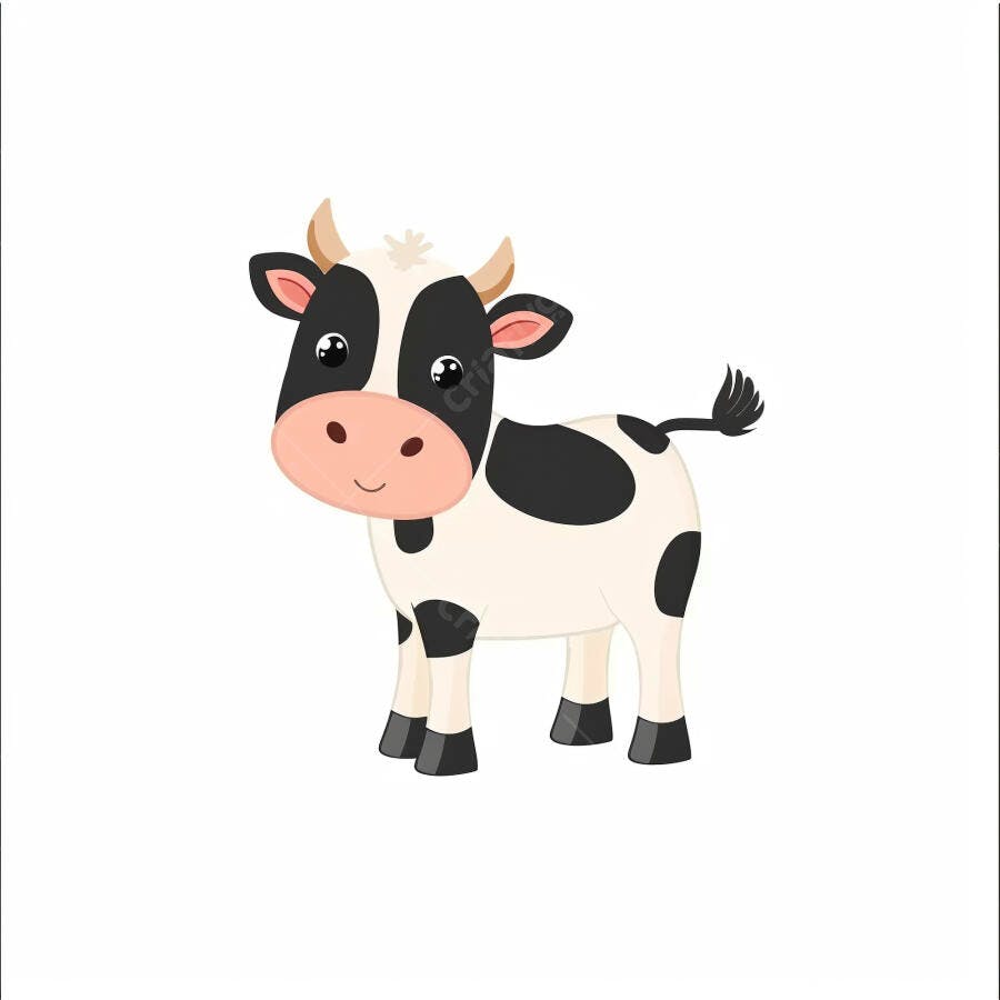 Bezerro de desenho animado branco e preto sorrindo feliz