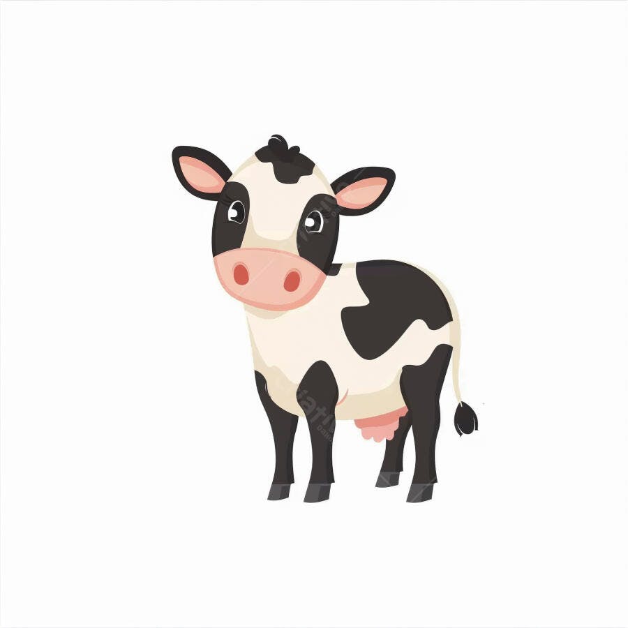 Vaca de desenho animado preta e branca sorridente com nariz rosa
