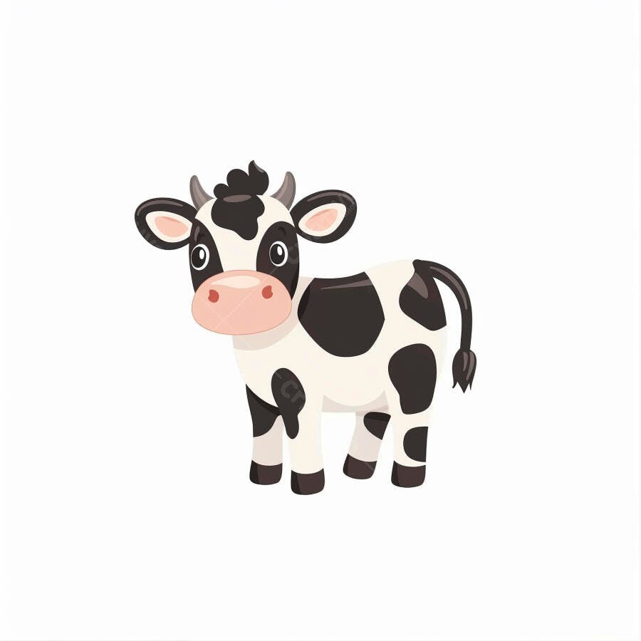 Vaca filhote de desenho animado preto e branco com focinho rosa