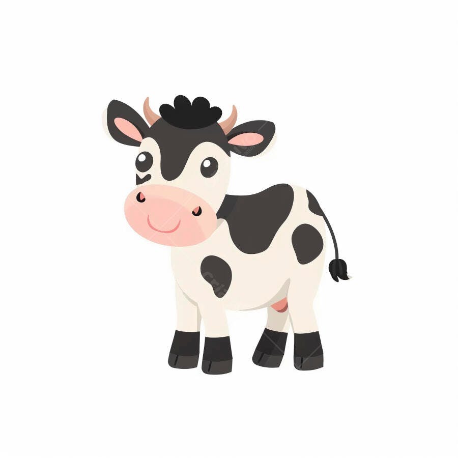 Bezerro fofo de desenho animado em preto e branco com focinho rosa