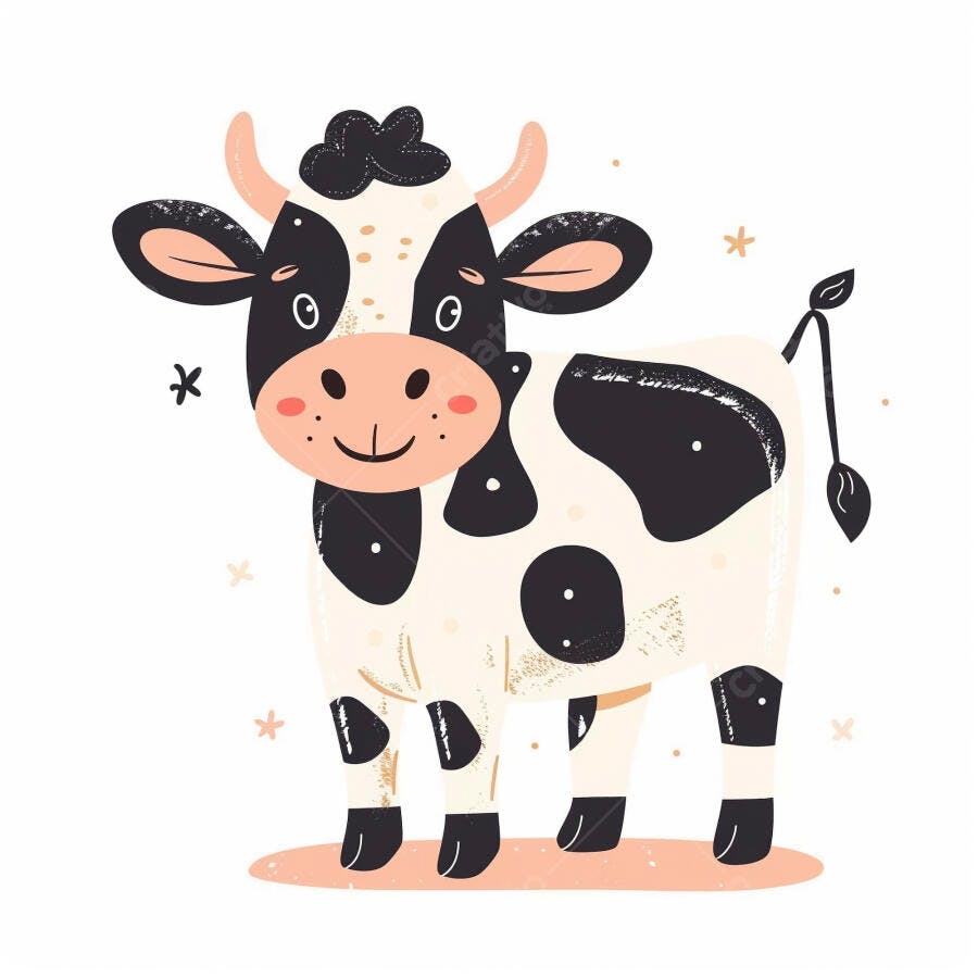 Vaca fofa preta e branca sorrindo em ilustração infantil