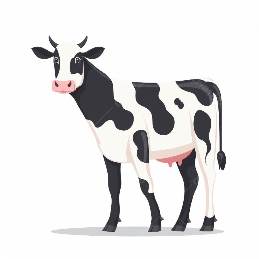 Ilustração de vaca preta e branca com úbere rosa e chifres pequenos