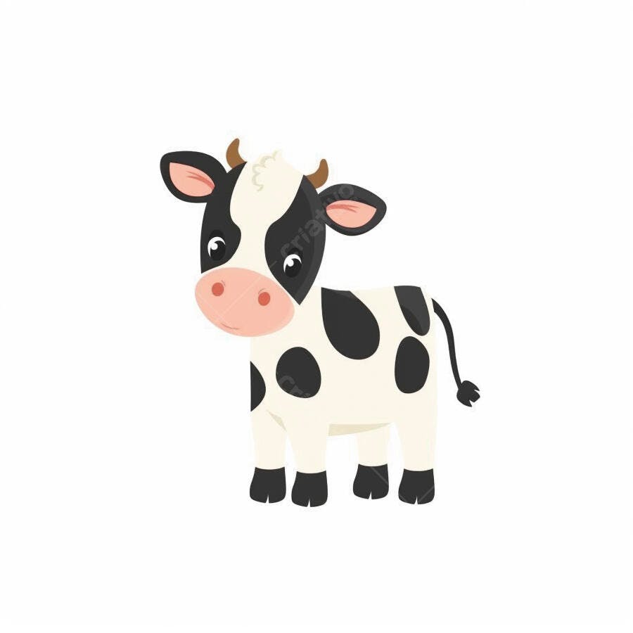 Bezerro fofo preto e branco em estilo desenho animado com chifres pequenos