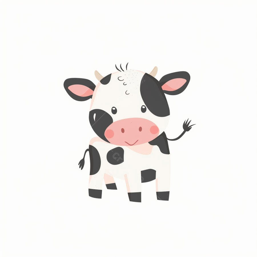Vaca bebê branca e preta estilo desenho animado fofa