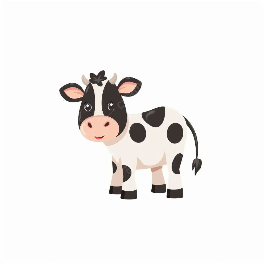 Bezerro de desenho animado branco e preto com expressão feliz isolado