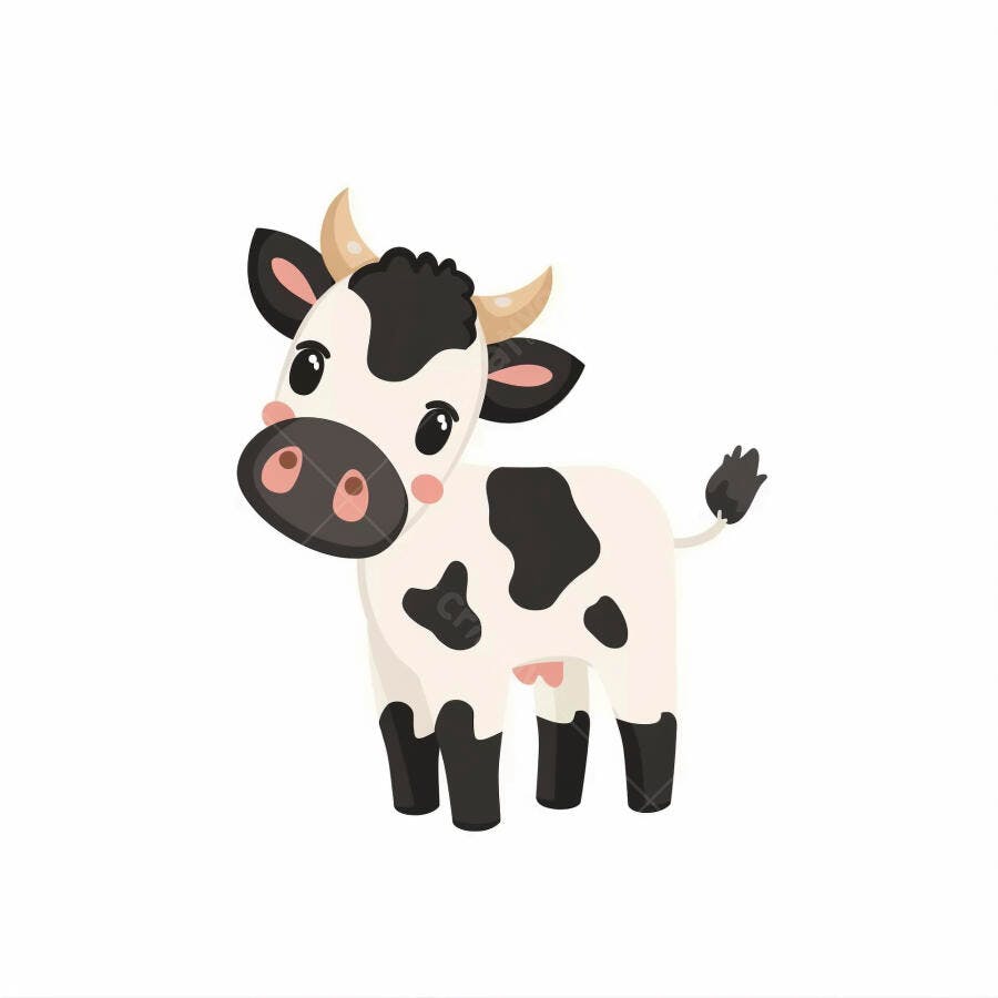 Vaca de desenho animado branca e preta com chifres pequenos e bochechas rosadas