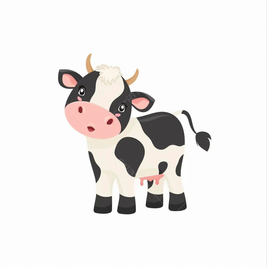 Vaca desenho animado preta e branca fofa com úbere rosa