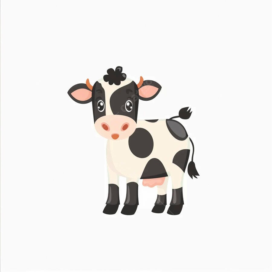 Vaca bezerra de desenho animado preta e branca com manchas rosa