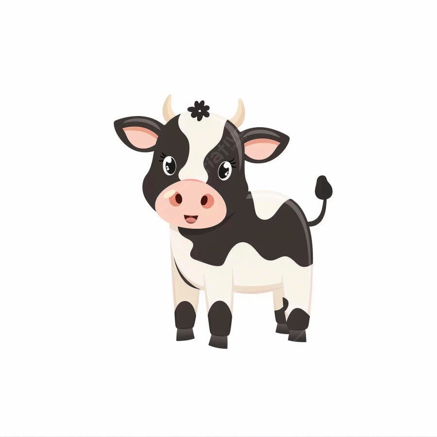 Vaca bezerro filhote desenho animado preto e branco sorrindo fofo