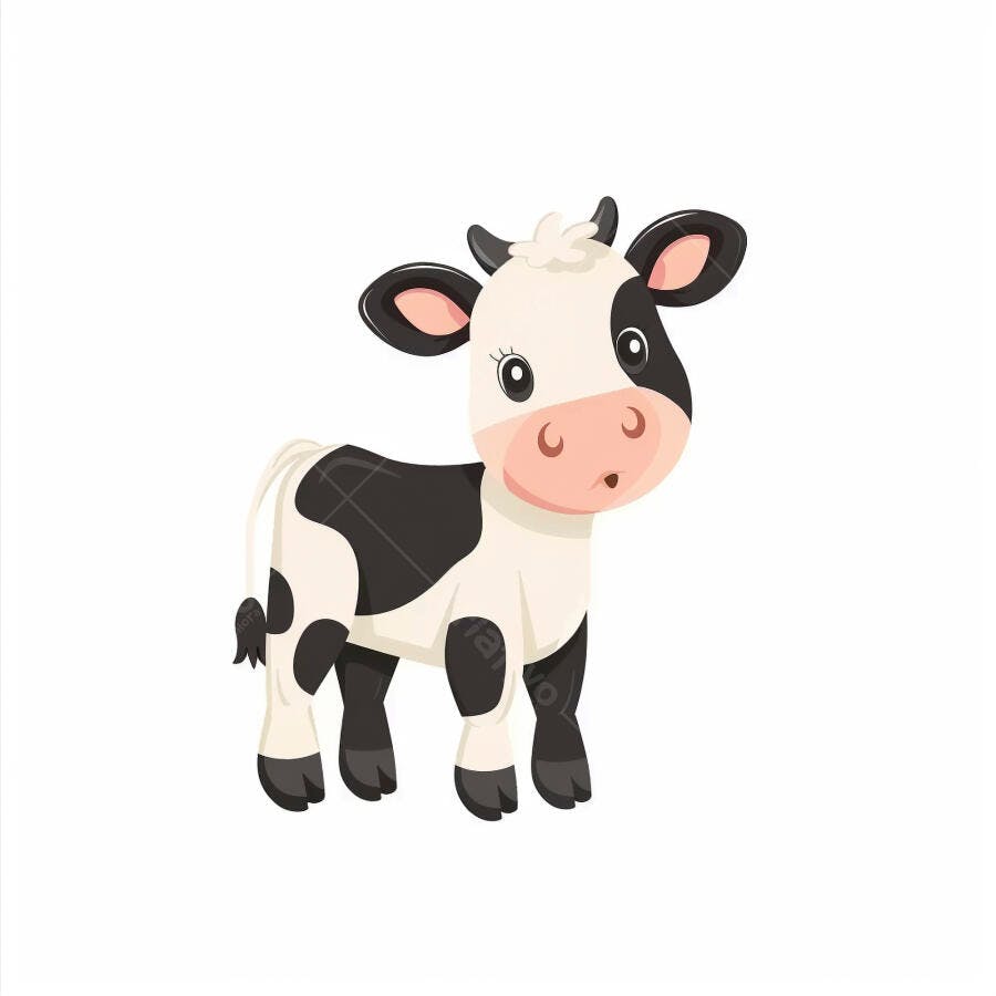 Bezerro fofo desenho animado preto e branco com focinho rosa no fundo branco