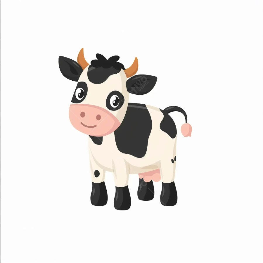 Vaca ilustração feliz preta e branca com úbere rosa e chifres pequenos