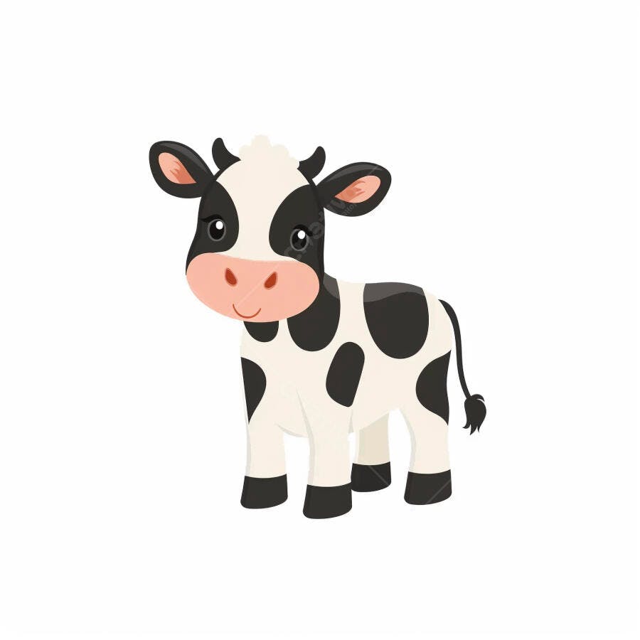 Bezerro de desenho animado preto e branco sorrindo em fundo branco