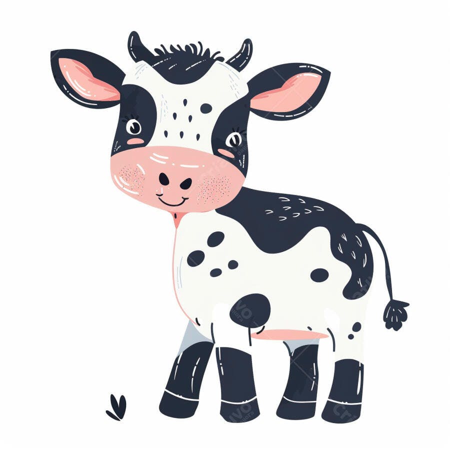 Bezerro fofo preto e branco sorrindo em ilustração infantil