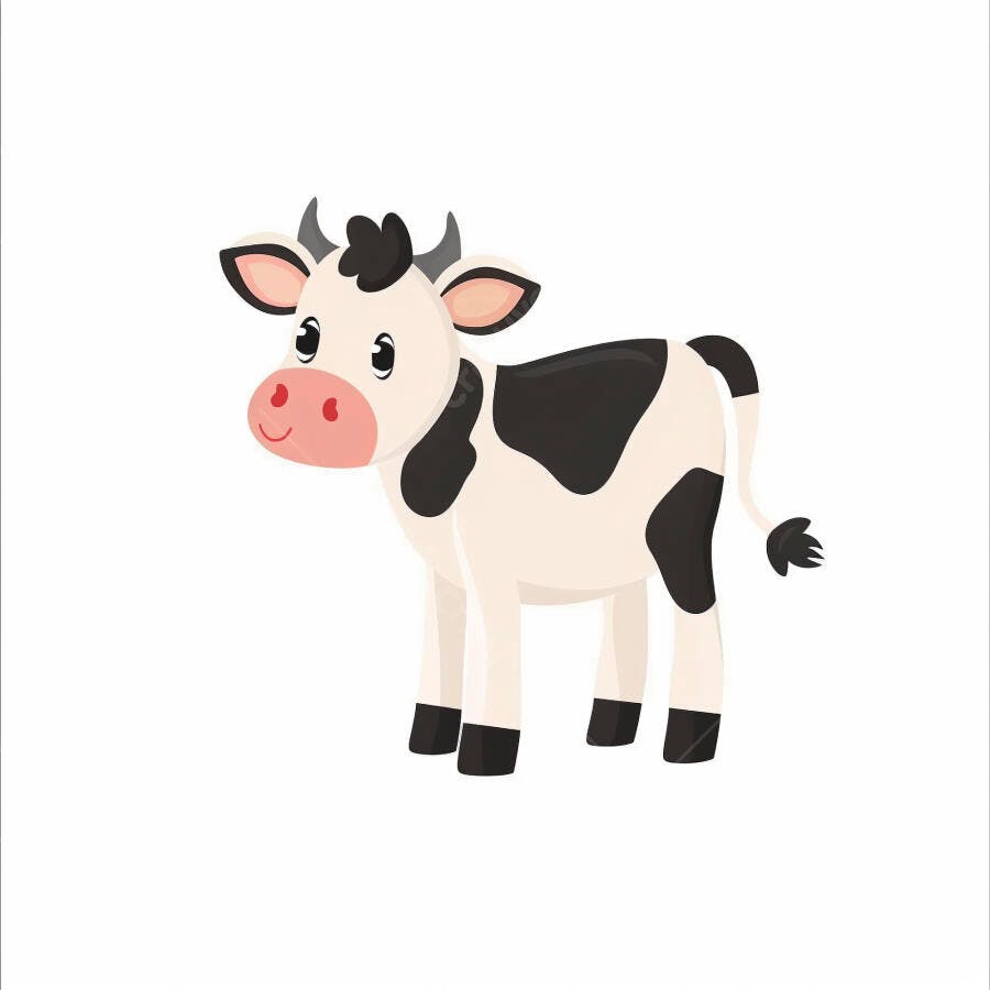 Bezerro feliz branco e preto em desenho animado sobre fundo branco